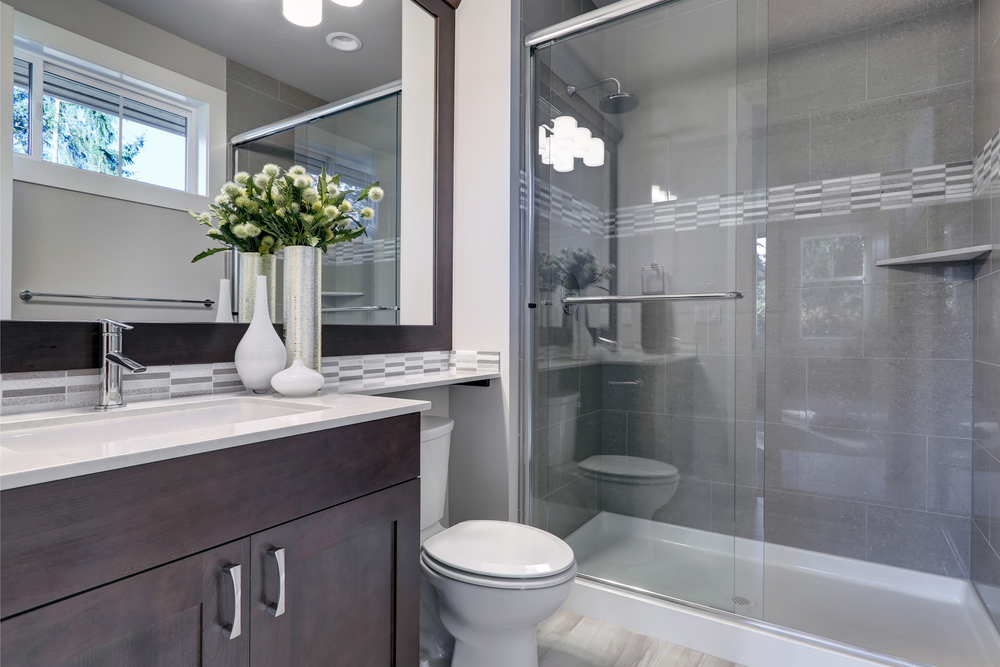 white and gray modern bathroom with functioning sewage line